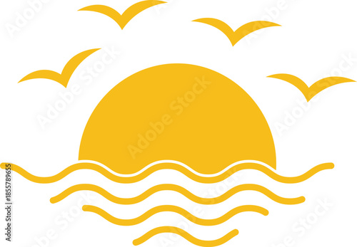 Yellow sun setting over wavy ocean with flying birds waves