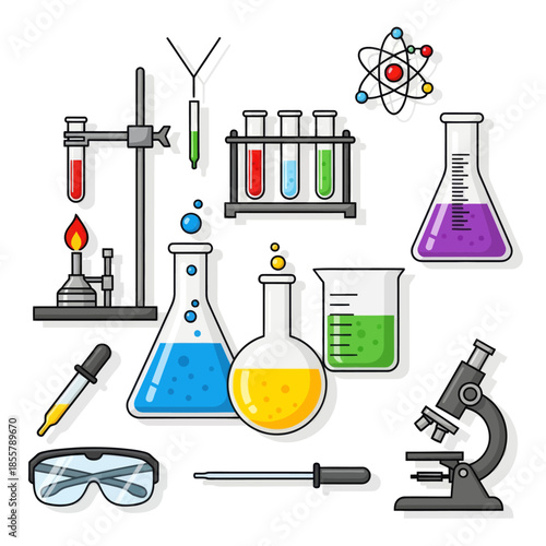 comprehensive laboratory glassware collection with test tubes beakers and microscope for