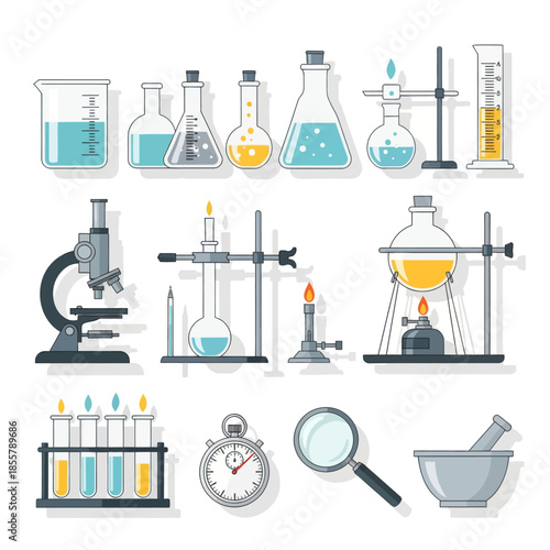 Comprehensive laboratory glassware setup with chemical reactions and scientific tools for