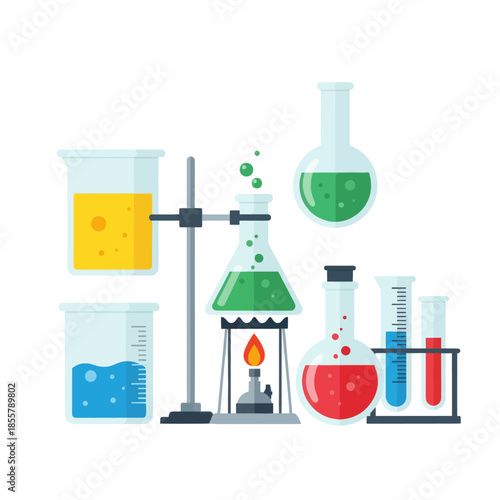 Creative laboratory setup with glassware and chemical reactions in a modern science lab