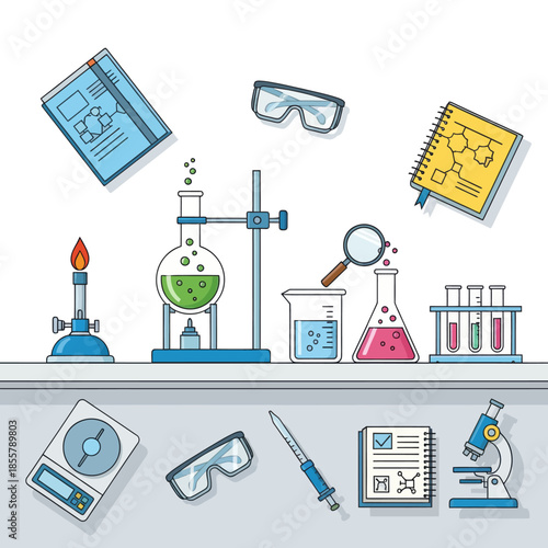 Comprehensive Laboratory Equipment Set Featuring Beakers Test Tubes and Scientific Tools