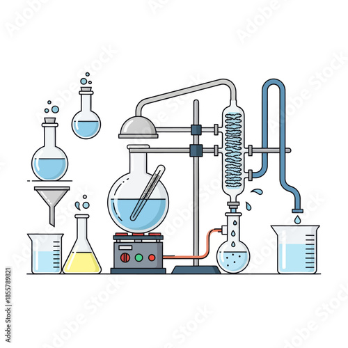 innovative laboratory glassware set with chemical apparatus and distillation equipment for