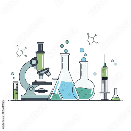 Modern chemistry laboratory setup featuring microscopes beakers and chemical molecules for