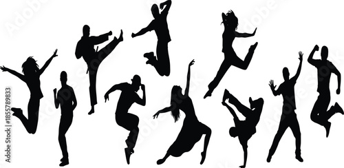 Large set of black silhouettes featuring active people jumping, dancing, practicing martial arts, and performing parkour in various dynamic poses.
