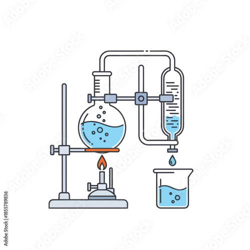 Simplified laboratory distillation apparatus demonstrating separation of liquids using heat and