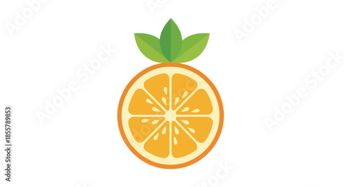 Minimalistic Illustration of a Citrus Fruit Slice with Green Leaves on a White Background
