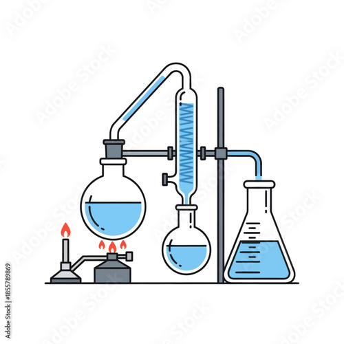 Detailed illustration of a classic laboratory distillation apparatus with glassware and Bunsen