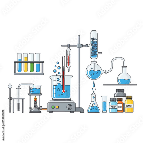 modern laboratory glassware setup illustrating chemical reactions and experiments with colorful