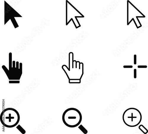 Cursor icon style set, UI pointer collection, zoom and hand symbols, digital interface elements, vector design assets for software applications