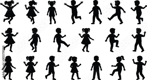 Large set of black silhouettes featuring active children, boys and girls jumping, dancing, and playing in various joyful poses on white.