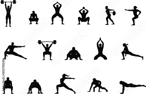 Fitness exercise silhouette icon set, black vector workout poses, strength and flexibility training design, gym movement illustration
