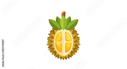 illustration of a durian fruit with green leaves on top and a detailed cut showing the yellow pulp