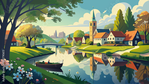 Very beautiful springtime scene of the Linge River flowing through Geldermalsen, framed by fresh greenery, calm water reflections, and peaceful urban nature in the Dutch countryside.
