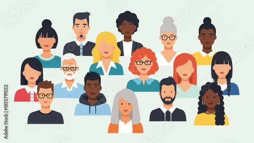 Diverse group of people illustration with varied ages and ethnicities.