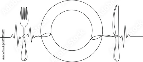 Single line drawing of plate fork knife and heartbeat  vector illustration icon silhouette