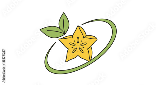 Minimalistic Illustration of a Starfruit with Green Leaves and Circular Accent