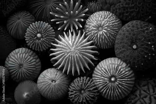 Different shapes of coral are displayed in black and white under the surface of the ocean showcasing marine life