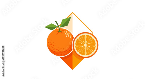 Minimalistic Illustration of an Orange with a Slice and Leaf Attached Adorned with a Geometric