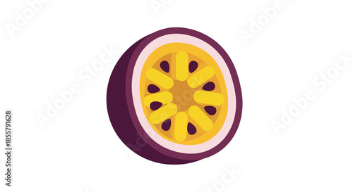 Illustration of a sliced passion fruit showing vibrant yellow pulp and dark seeds against a plain