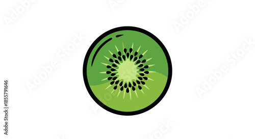 Minimalist Illustration of a Sliced Kiwi Fruit with Bright Green Interior and Black Seeds