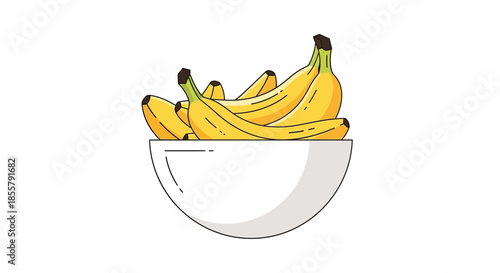 Simple illustration of a white bowl filled with ripe yellow bananas on a plain background