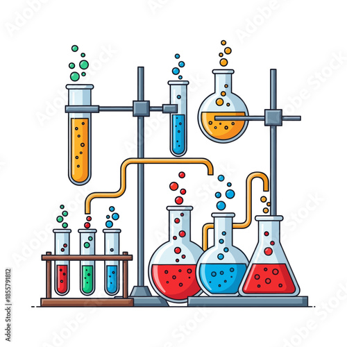 innovative laboratory glassware setup with colorful chemical reactions and connecting tubes in a