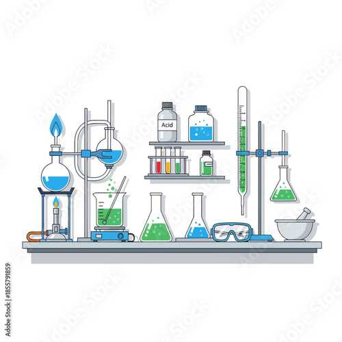 Modern Laboratory Equipment Setup with Glassware and Chemical Solutions for Scientific Experiments