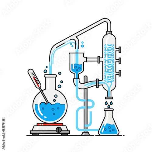 Detailed Illustration of a Laboratory Distillation Apparatus with Glassware and Fittings