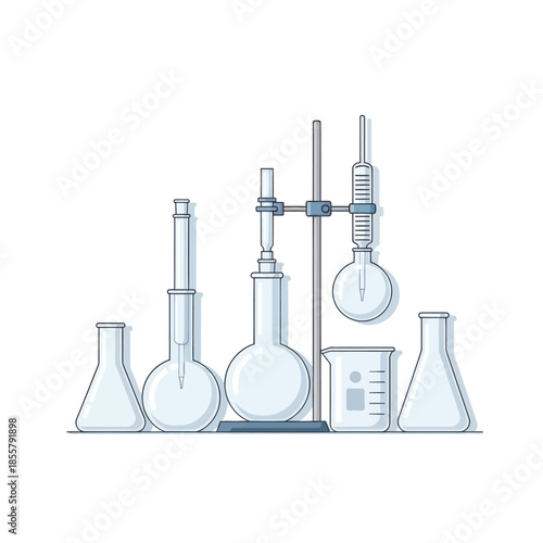 scientific laboratory glassware set with flasks beakers and test tubes for chemistry experiments