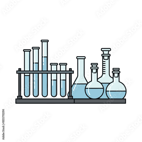 Illustration of laboratory glassware including test tubes and flasks for scientific experiments