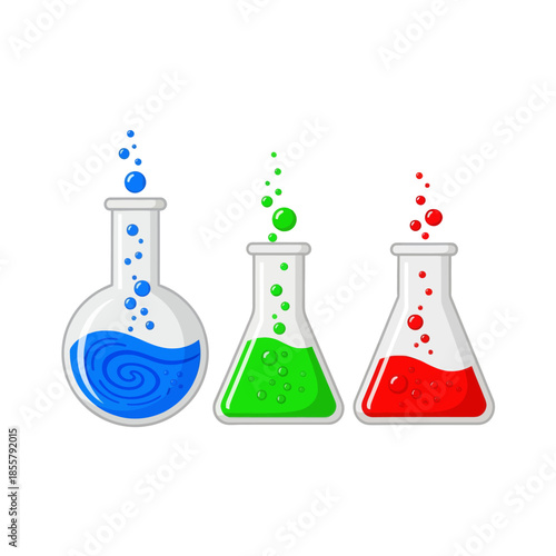 Colorful chemical laboratory flasks with vibrant liquids in a scientific chemistry experiment scene