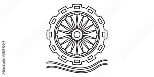 Black and white line drawing of a cogwheel isolated on white background