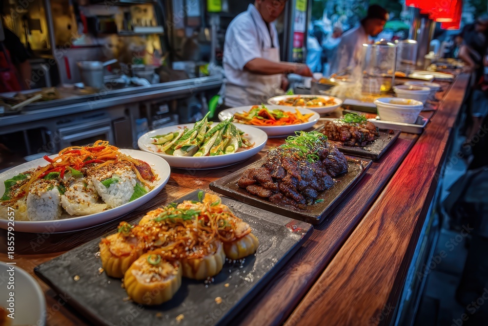 Fototapeta premium Savory Asian fusion cuisine served streetside with colorful dishes and fresh ingredients prepared by expert chefs at night