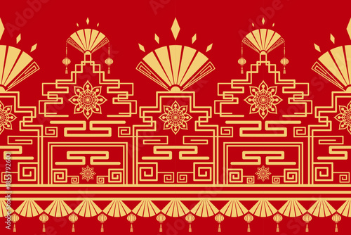 Elegant Chinese-style border seamless pattern for textile and fabric production. Suitable for garment trims, upholstery, packaging, and industrial printing applications.