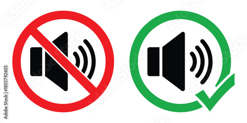 Vector icons of sound on and off with checkmark isolated on white background