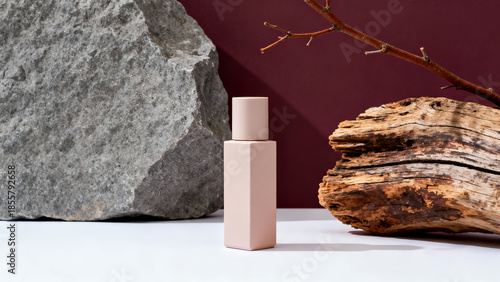Modern Neutral Cosmetic Bottle on Natural Stone Setup