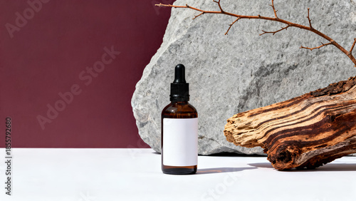 Minimal Amber Serum Bottle with Blank Label on Stone