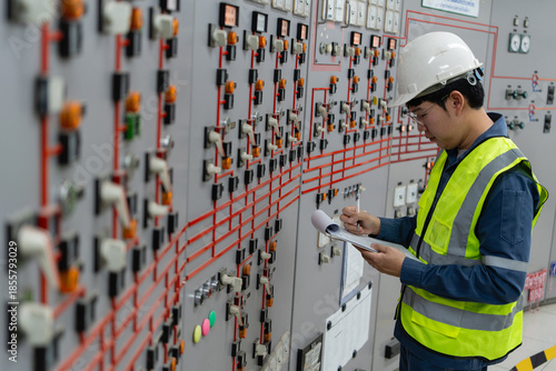 Cuadro en lienzo Electrical engineer inspecting control panel in industrial power facility, docum