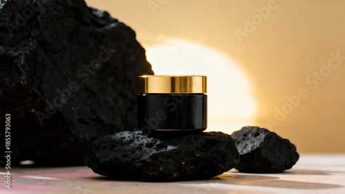 Luxury Black Cosmetic Jar on Volcanic Stone at Sunset