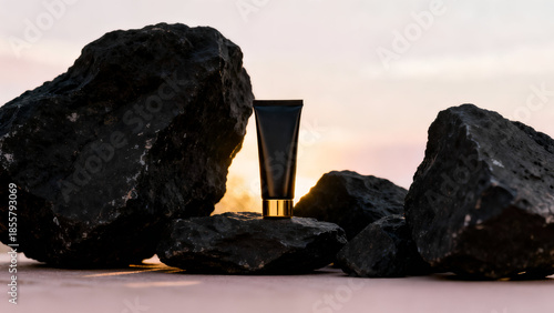 Matte Black Cosmetic Tube on Dark Stone Background