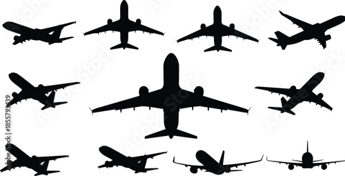 Airplane silhouette set with ten diverse aircraft profiles in multiple angles for aviation, transport, and educational themes.
