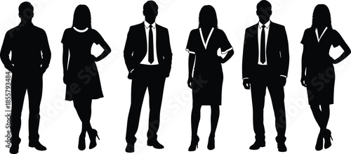 Business silhouette set with six professional male and female figures in formal attire for corporate and workplace themes.