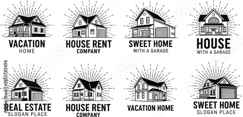 Black-and-white real estate logo set with stylized house icons for rental, vacation, and property branding themes.