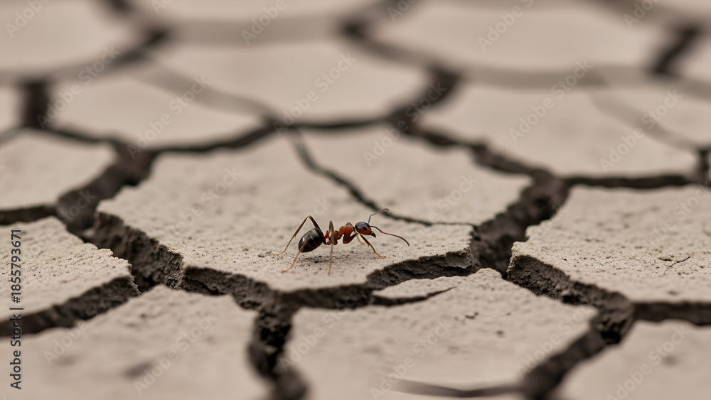 Obraz premium Close-up of a lone ant navigating a dry, cracked earth surface, highlighting themes of resilience and survival in arid conditions