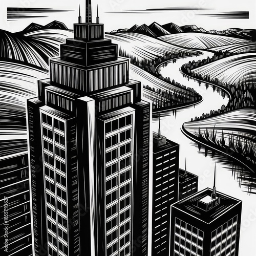Modern city skyline illustration, black and white line art, skyscrapers, airplane, birds, clouds, urban architecture, framed drawing
