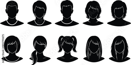 Silhouette avatar set with ten diverse head and hairstyle profiles for UI, demographic, and graphic design themes.