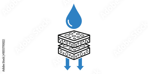 Blue water drop falling on two layers of filtration membrane