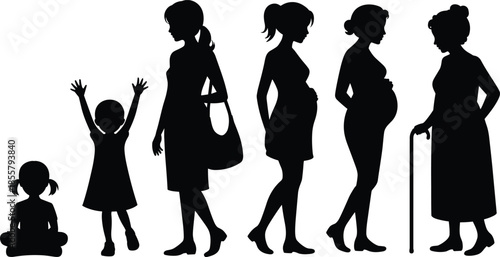 Silhouettes of female life stages from childhood to old age, symbolizing growth, aging, and human development on white background