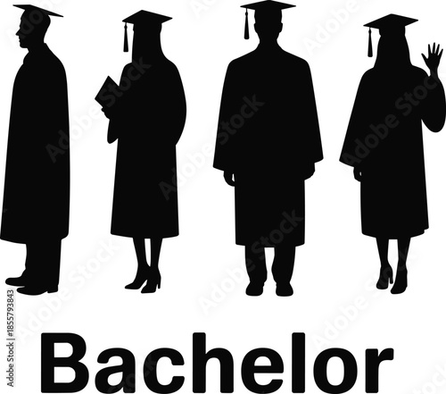 Silhouettes of graduates in caps and gowns with “Bachelor” text, celebrating academic achievement and degree completion on white background