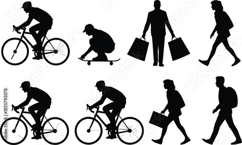 Silhouettes of people biking, skateboarding, and walking with bags, representing urban mobility and daily lifestyle activities
